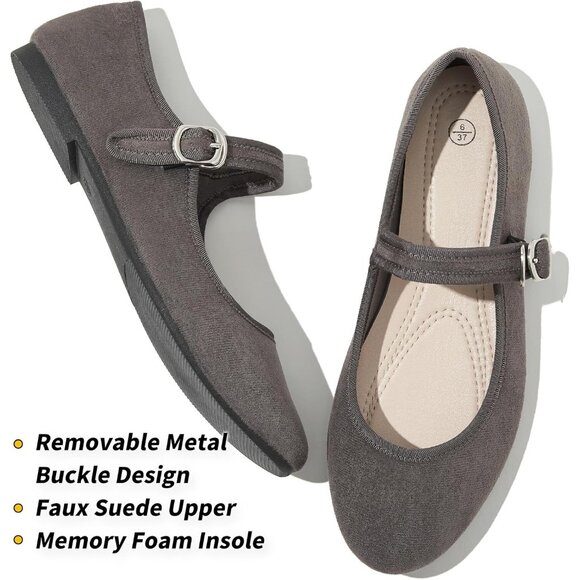 Babudog Womens Grey Faux Suede Rounded Toe Ankle Strap With Buckle Flats - Picture 2 of 9